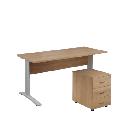 SET 567 stůl kancelářský, kovová podnož stříbrná + kontejner pojízdný, 3-zásuvkový, dub bardolino