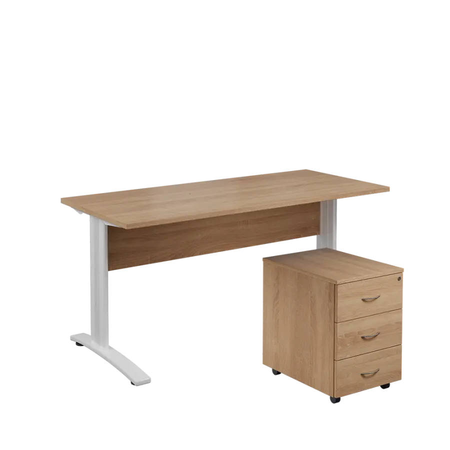 SET 567 stůl kancelářský, kovová podnož bílá + kontejner pojízdný, 3-zásuvkový, dub bardolino