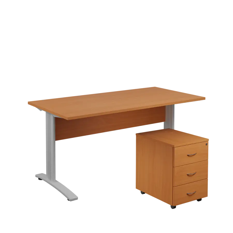 SET 568 stůl kancelářský, kovová podnož stříbrná + kontejner pojízdný, 3-zásuvkový, buk royal