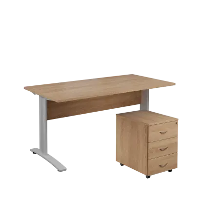 SET 568 stůl kancelářský, kovová podnož stříbrná + kontejner pojízdný, 3-zásuvkový, dub bardolino