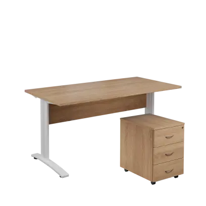 SET 568 stůl kancelářský, kovová podnož bílá + kontejner pojízdný, 3-zásuvkový, dub bardolino