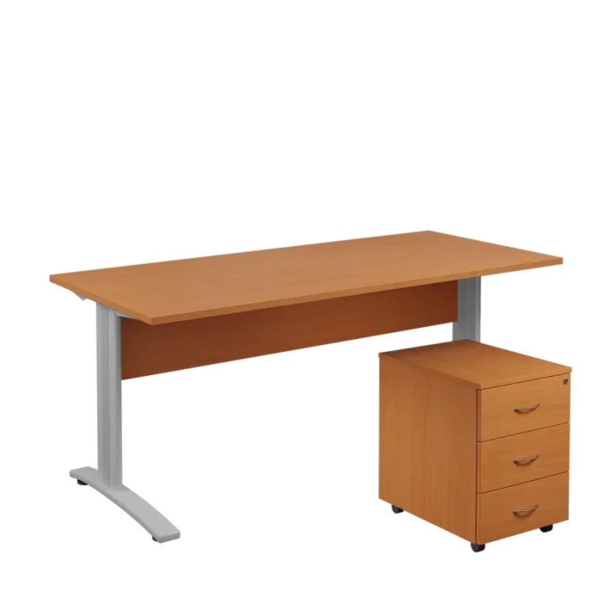 SET 588 stůl kancelářský, kovová podnož stříbrná + kontejner pojízdný, 3-zásuvkový, buk royal