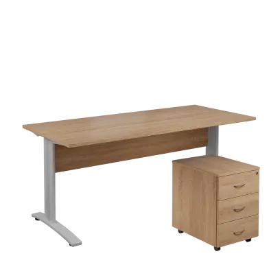 SET 588 stůl kancelářský, kovová podnož stříbrná + kontejner pojízdný, 3-zásuvkový, dub bardolino