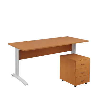 SET 588 stůl kancelářský, kovová podnož bílá + kontejner pojízdný, 3-zásuvkový, buk royal