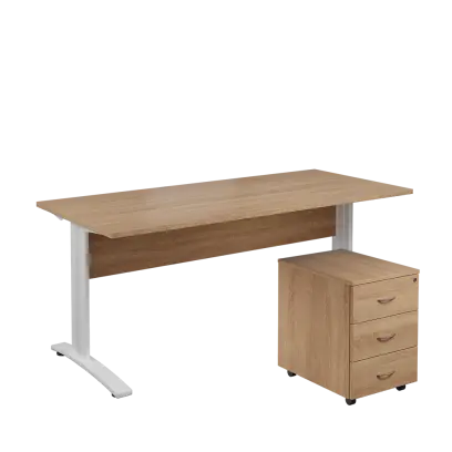 SET 588 stůl kancelářský, kovová podnož bílá + kontejner pojízdný, 3-zásuvkový, dub bardolino