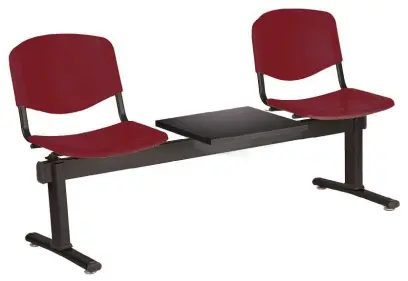 VINCENZA - 3 S, plastová lavice do čekárny, 2-sedák, stolek, vínová, kostra černá