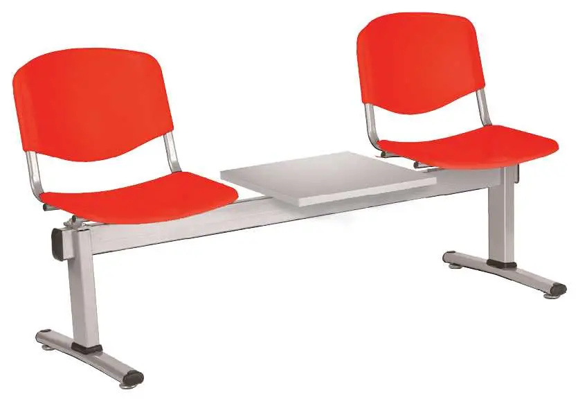 VINCENZA - 3 S, plastová lavice do čekárny, 2-sedák, stolek, červená, kostra stříbrná