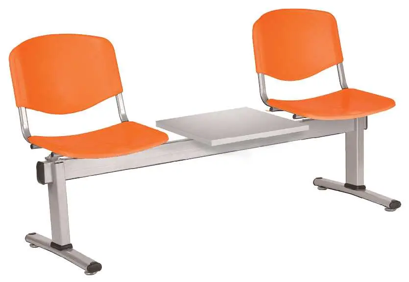 VINCENZA - 3 S, plastová lavice do čekárny, 2-sedák, stolek, oranžová, kostra stříbrná