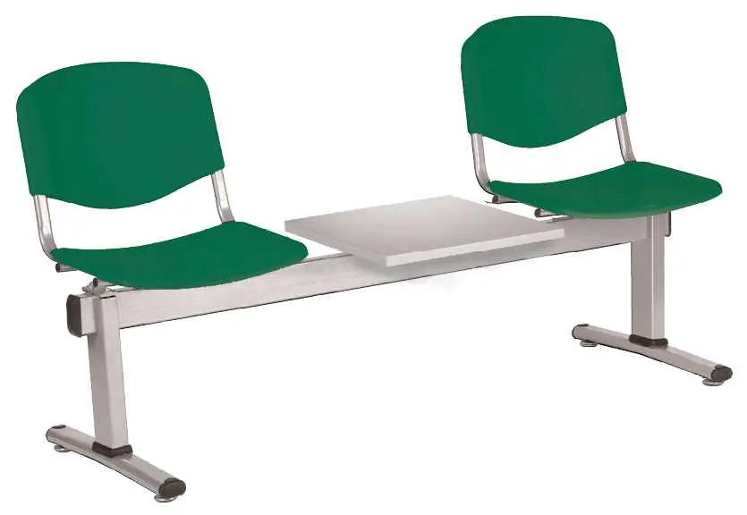 VINCENZA - 3 S, plastová lavice do čekárny, 2-sedák, stolek, zelená, kostra stříbrná