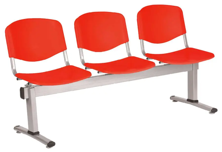 VINCENZA - 3, plastová lavice do čekárny, 3-sedák, červená, kostra stříbrná