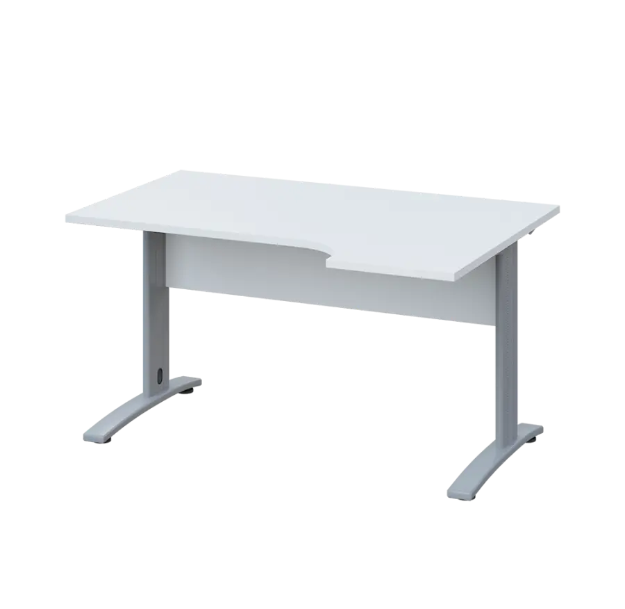 LKR 28 - 144 stůl kancelářský, rohový, pravý, kovová podnož stříbrná, deska 25 mm, široký 1400 mm, bílá