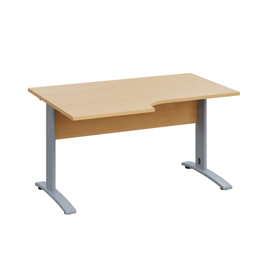 LKR 28 - 146 stůl kancelářský, rohový, levý, kovová podnož stříbrná, deska 25 mm, široký 1400 mm, javor horský