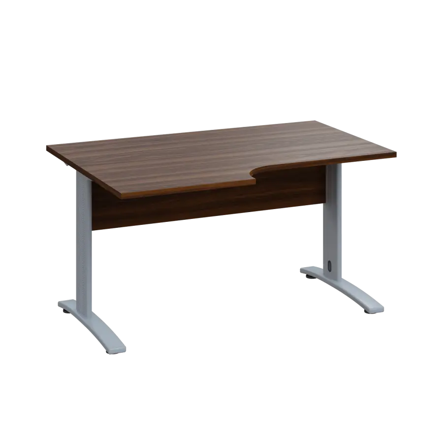 LKR 28 - 146 stůl kancelářský, rohový, levý, kovová podnož stříbrná, deska 25 mm, široký 1400 mm, ořech královský