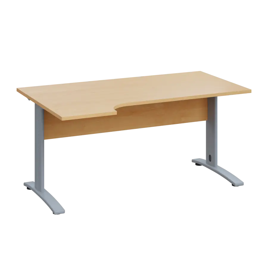 LKR 28 - 164 stůl kancelářský, rohový, levý, kovová podnož stříbrná, deska 25 mm, široký 1600 mm, javor horský