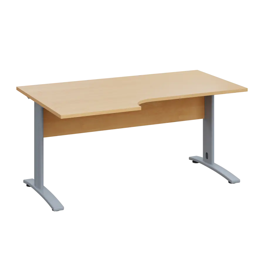 LKR 28 - 166 stůl kancelářský, rohový, levý, kovová podnož stříbrná, deska 25 mm, široký 1600 mm, javor horský