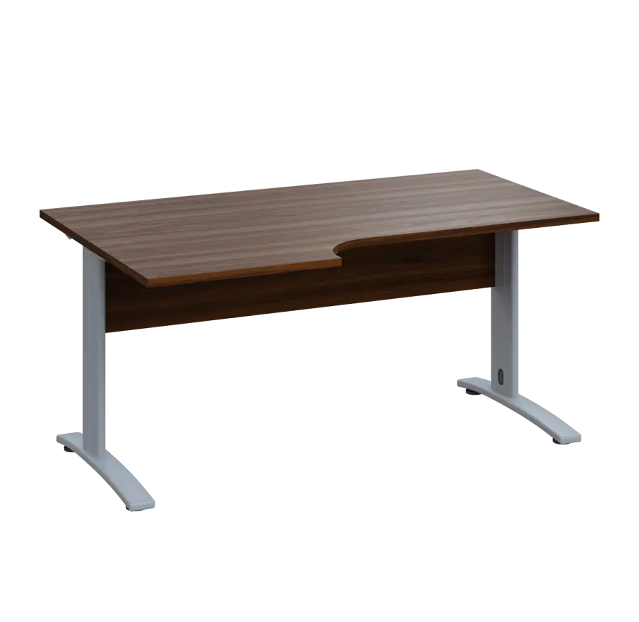 LKR 28 - 166 stůl kancelářský, rohový, levý, kovová podnož stříbrná, deska 25 mm, široký 1600 mm, ořech královský