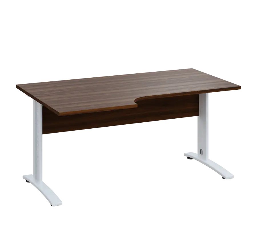 LKR 28 - 166 stůl kancelářský, rohový, levý, kovová podnož bílá, deska 25 mm, široký 1600 mm, ořech královský