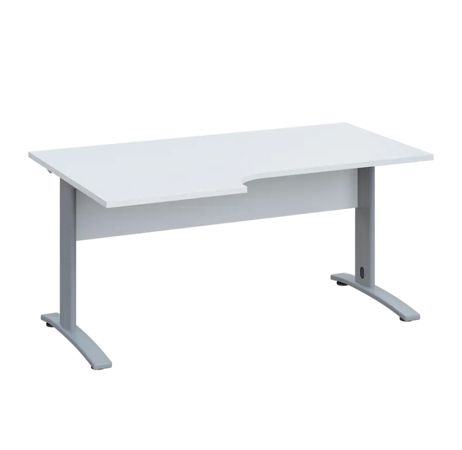 LKR 28 - 166 stůl kancelářský, rohový, levý, kovová podnož stříbrná, deska 25 mm, široký 1600 mm, bílá