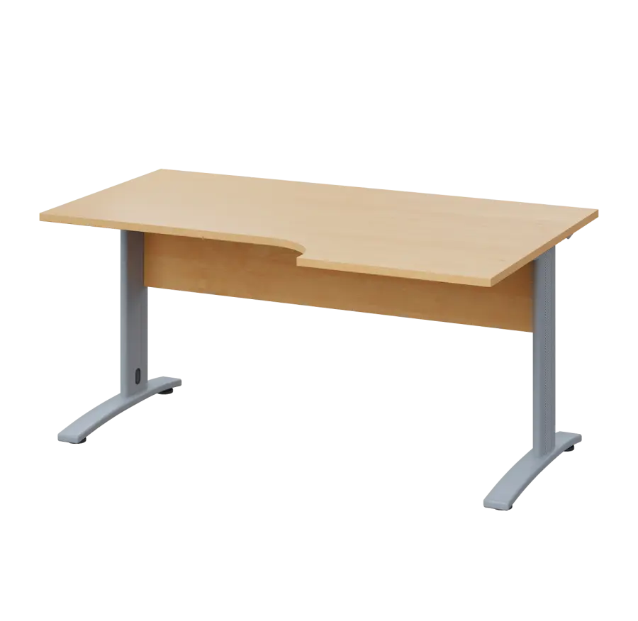 LKR 28 - 166 stůl kancelářský, rohový, pravý, kovová podnož stříbrná, deska 25 mm, široký 1600 mm, javor horský