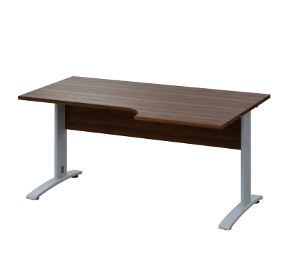 LKR 28 - 166 stůl kancelářský, rohový, pravý, kovová podnož stříbrná, deska 25 mm, široký 1600 mm, ořech královský