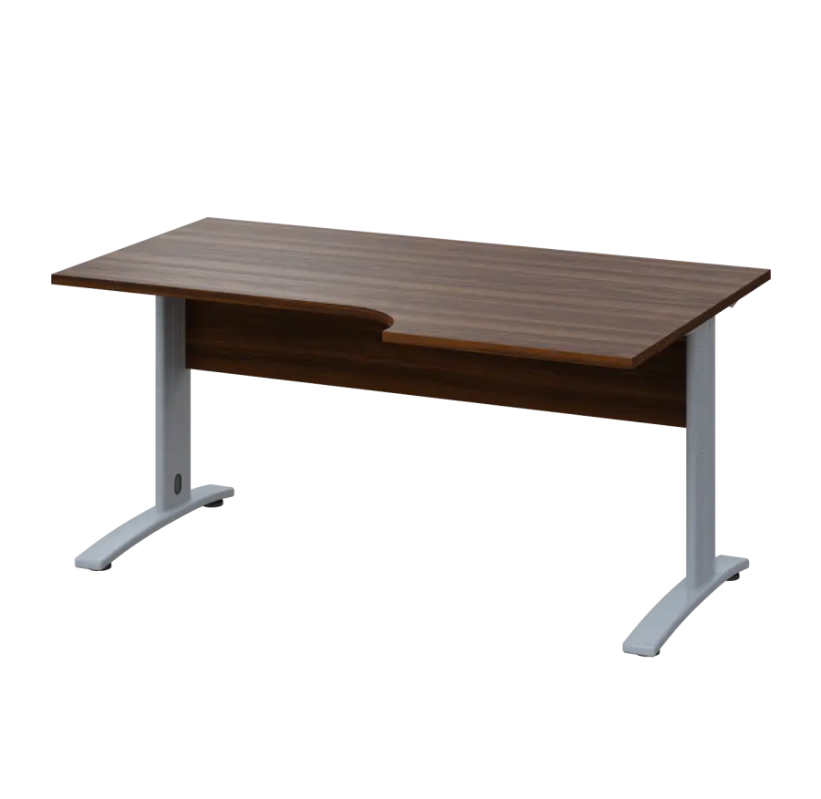 LKR 28 - 166 stůl kancelářský, rohový, pravý, kovová podnož stříbrná, deska 25 mm, široký 1600 mm, ořech královský