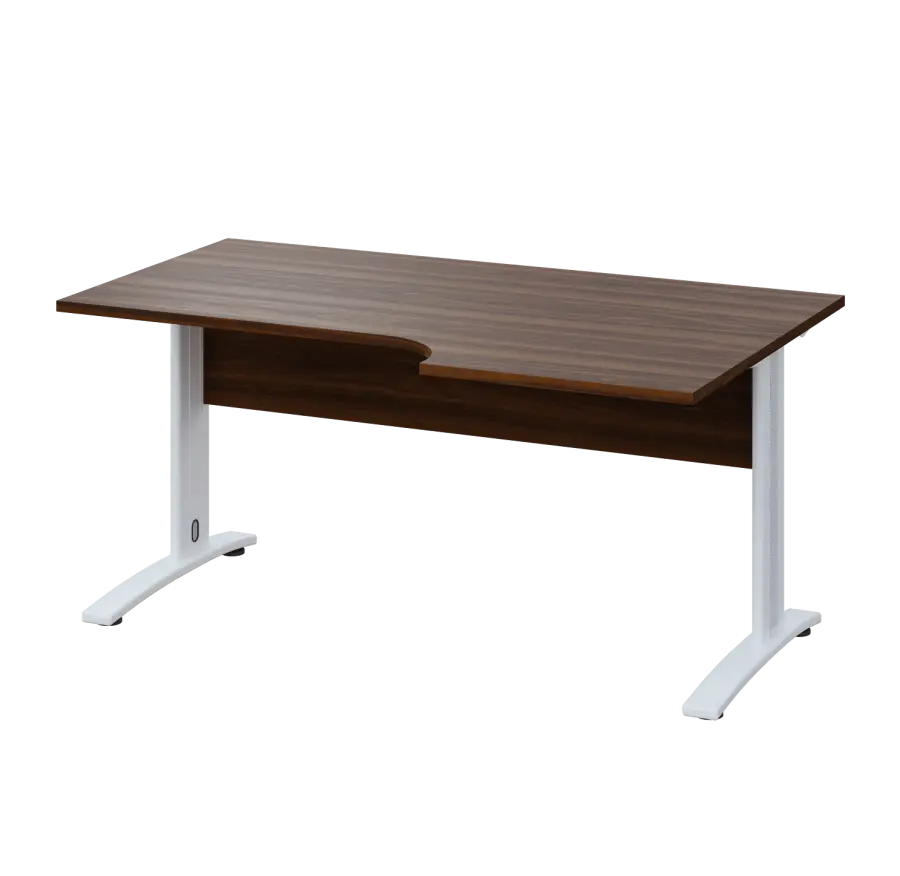 LKR 28 - 166 stůl kancelářský, rohový, pravý, kovová podnož bílá, deska 25 mm, široký 1600 mm, ořech královský