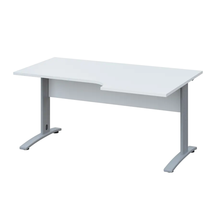 LKR 28 - 166 stůl kancelářský, rohový, pravý, kovová podnož stříbrná, deska 25 mm, široký 1600 mm, bílá