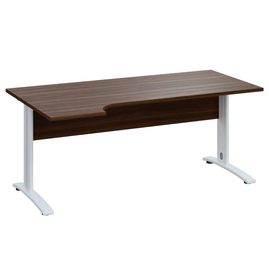 LKR 28 - 184 stůl kancelářský, rohový, levý, kovová podnož bílá, deska 25 mm, široký 1800 mm, ořech královský