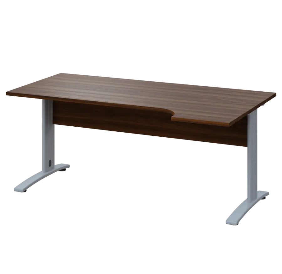 LKR 28 - 184 stůl kancelářský, rohový, pravý, kovová podnož stříbrná, deska 25 mm, široký 1800 mm, ořech královský