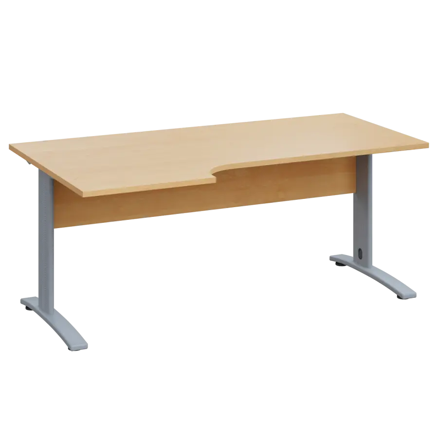 LKR 28 - 186 stůl kancelářský, rohový, levý, kovová podnož stříbrná, deska 25 mm, široký 1800 mm, javor horský
