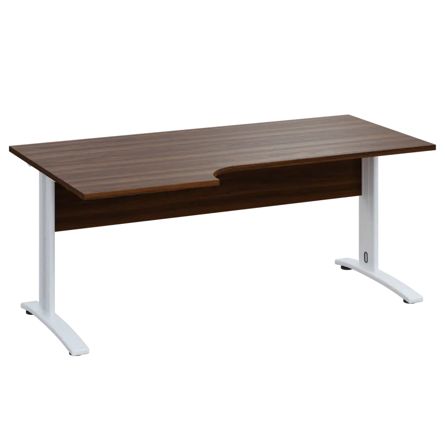 LKR 28 - 186 stůl kancelářský, rohový, levý, kovová podnož bílá, deska 25 mm, široký 1800 mm, ořech královský