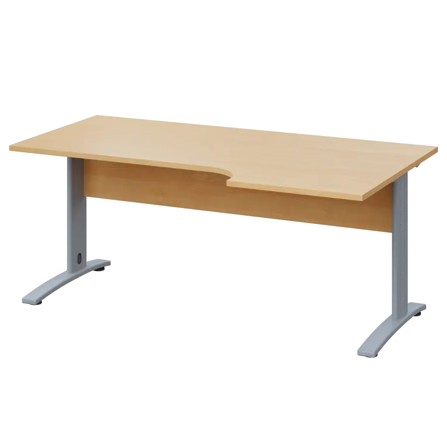 LKR 28 - 186 stůl kancelářský, rohový, pravý, kovová podnož stříbrná, deska 25 mm, široký 1800 mm, javor horský