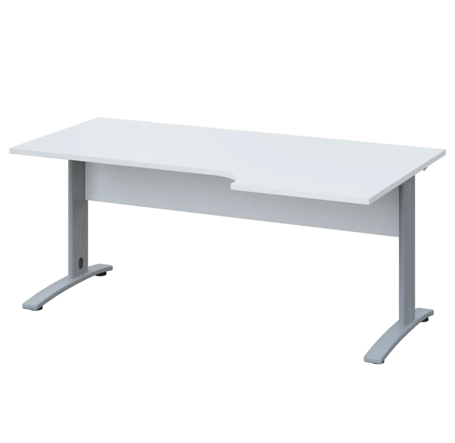LKR 28 - 186 stůl kancelářský, rohový, pravý, kovová podnož stříbrná, deska 25 mm, široký 1800 mm, bílá