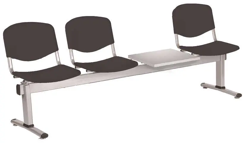 VINCENZA - 4 S, plastová lavice do čekárny, 3-sedák, stolek, černá, kostra stříbrná