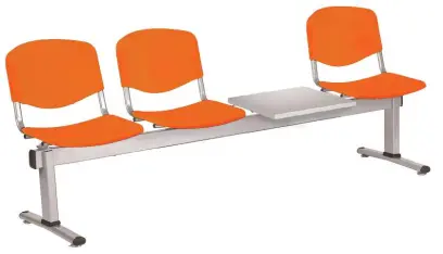 VINCENZA - 4 S, plastová lavice do čekárny, 3-sedák, stolek, oranžová, kostra stříbrná