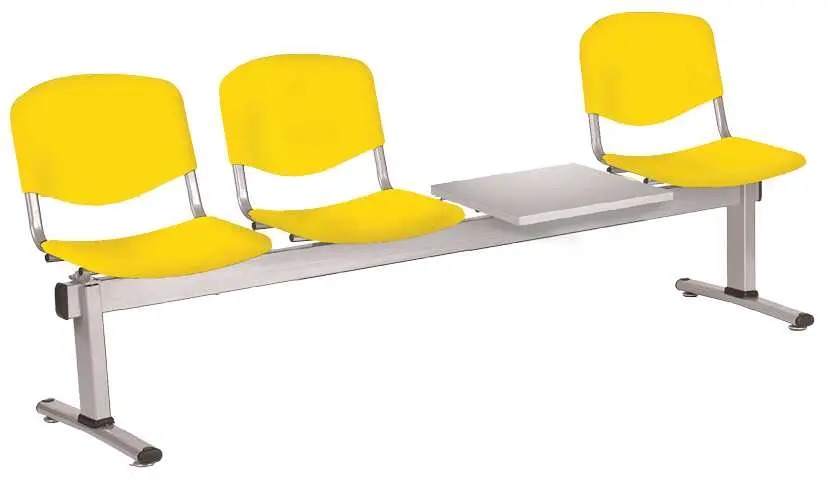 VINCENZA - 4 S, plastová lavice do čekárny, 3-sedák, stolek, žlutá, kostra stříbrná