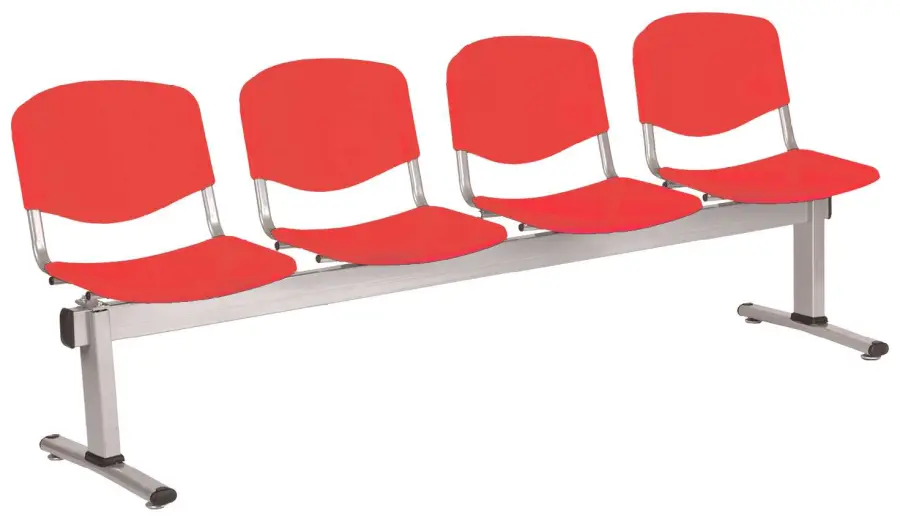 VINCENZA - 4, plastová lavice do čekárny, 4-sedák, červená, kostra stříbrná