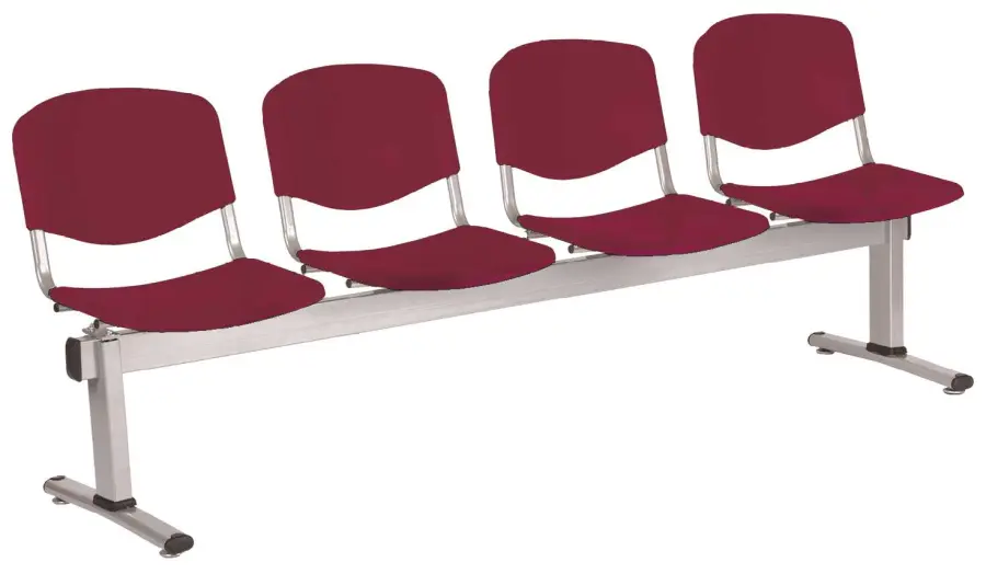 VINCENZA - 4, plastová lavice do čekárny, 4-sedák, vínová, kostra stříbrná
