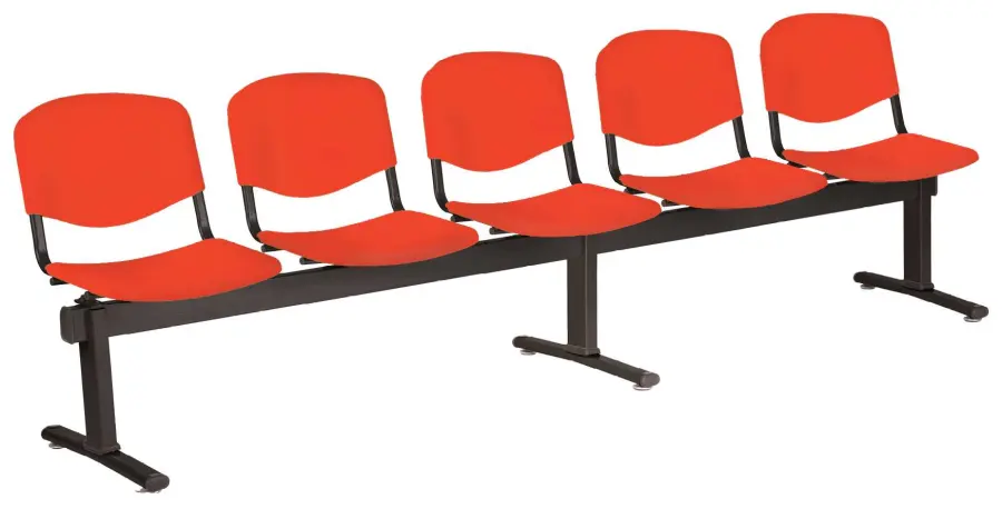 VINCENZA - 5, plastová lavice do čekárny, 5-sedák, červená, kostra černá