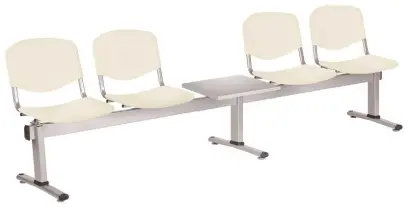 VINCENZA - 5 S, plastová lavice do čekárny, 4-sedák, stolek, krémová, kostra stříbrná