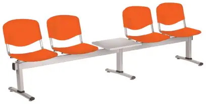 VINCENZA - 5 S, plastová lavice do čekárny, 4-sedák, stolek, oranžová, kostra stříbrná