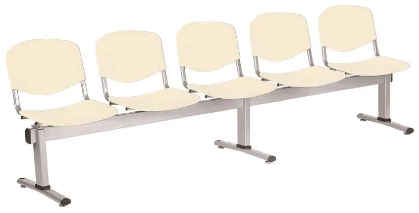 VINCENZA - 5, plastová lavice do čekárny, 5-sedák, krémová, kostra stříbrná