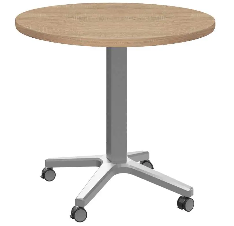 POC 500 - 1 stůl kulatý, deska pr.600 mm dub bardolino (síla 25 mm), pojízdná centrální noha, podnož stříbrná