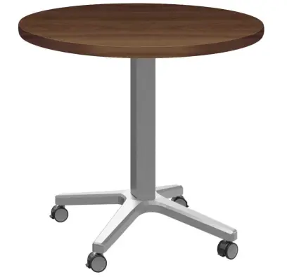 POC 500 - 1 stůl kulatý, deska pr.600 mm ořech královský (síla 25 mm), pojízdná centrální noha, podnož stříbrná