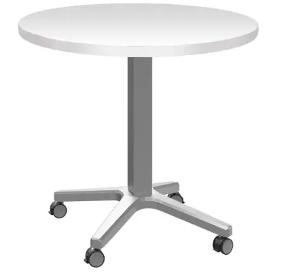 POC 500 - 3 stůl kulatý, deska pr.800 mm bílá (síla 25 mm), pojízdná centrální noha, podnož stříbrná