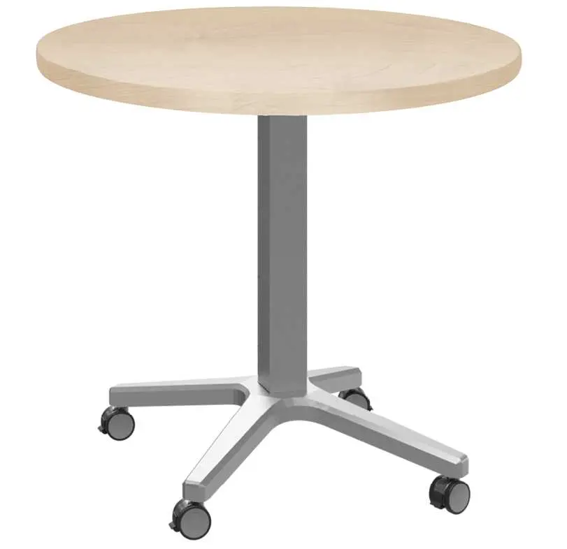 POC 500 - 3 stůl kulatý, deska pr.800 mm bříza irská (síla 25 mm), pojízdná centrální noha, podnož stříbrná