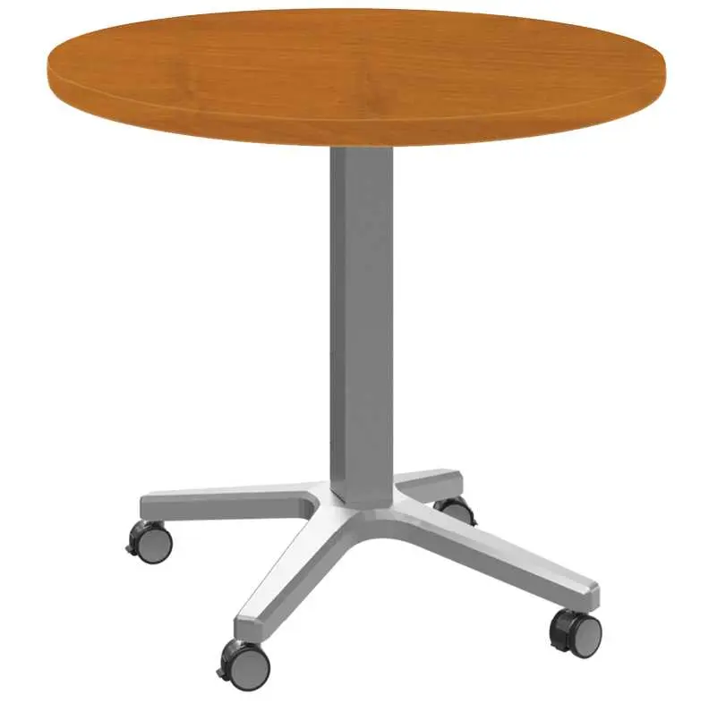 POC 500 - 3 stůl kulatý, deska pr.800 mm olše jantar (síla 25 mm), pojízdná centrální noha, podnož stříbrná