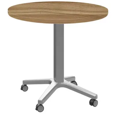 POC 500 - 3 stůl kulatý, deska pr.800 mm ořech světlý (síla 25 mm), pojízdná centrální noha, podnož stříbrná