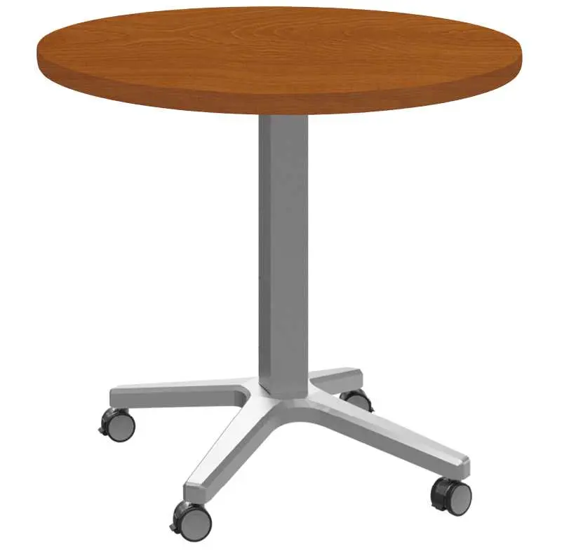 POC 500 - 3 stůl kulatý, deska pr.800 mm třešeň šumavská (síla 25 mm), pojízdná centrální noha, podnož stříbrná