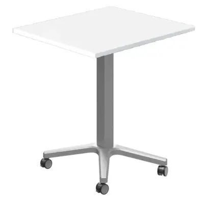 POC 500 - 6 stůl hranatý, deska 600 x 600 mm bílá (síla 25 mm), pojízdná centrální noha, podnož stříbrná